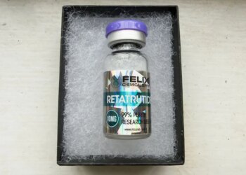 Close up of a gray market bottle of so-called Retatrutide.