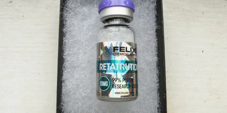 Close up of a gray market bottle of so-called Retatrutide.