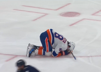 Matthew Schaefer was knocked down during the first period on Tuesday night.