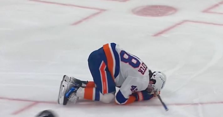 Matthew Schaefer was knocked down during the first period on Tuesday night.