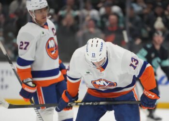 New York Islanders center Mathew Barzal looks down after a goal by Seattle Kraken defenseman Vince Dunn during the second period of an NHL hockey game Wednesday, Jan. 21, 2026, in Seattle.