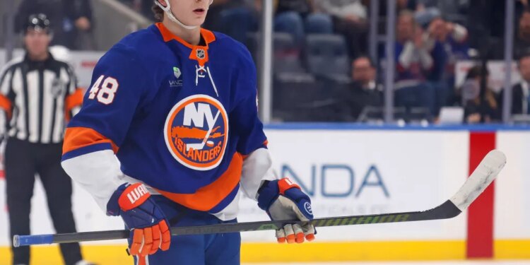 Matthew Schaefer of the New York Islanders on the ice during the third period when the New York Islanders played the Utah Mammoth Thursday, January 1, 2026 at UBS Arena in Elmont, NY.