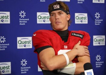 New York Giants quarterback Jaxson Dart (6) speaks at a press conference when the New York Giants practiced Wednesday, December 31, 2025.