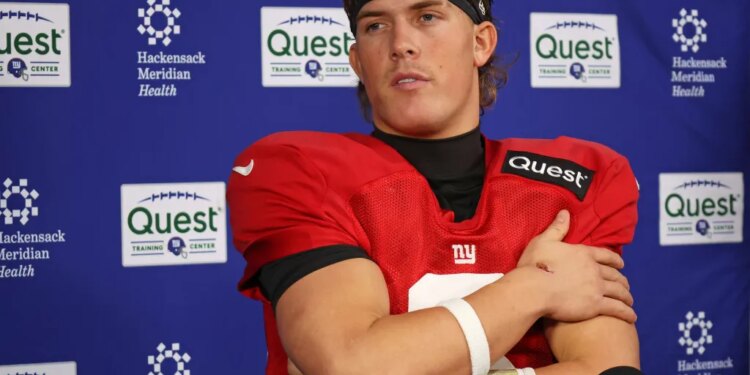 New York Giants quarterback Jaxson Dart (6) speaks at a press conference when the New York Giants practiced Wednesday, December 31, 2025.