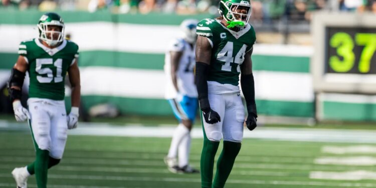 Jamien Sherwood #44 of the New York Jets reacts after a tackle.