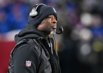 New York Jets head coach Aaron Glenn looks on during the second half against the Buffalo Bills at Highmark Stadium.