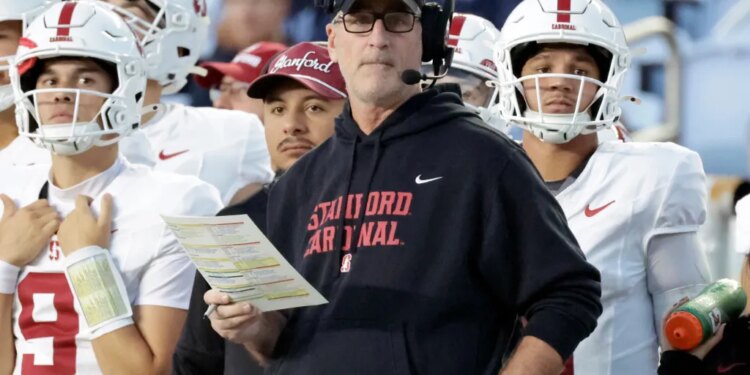 Stanford head coach Frank Reich watches during the first half of an NCAA college football game against North Carolina, Nov. 8, 2025, in Chapel Hill, N.C.