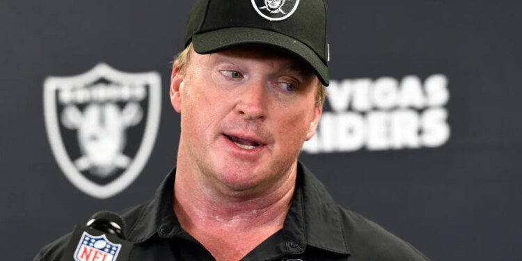 Jon Gruden speaks with the media following an NFL football game against the Pittsburgh Steelers in Pittsburgh, Sept. 19, 2021.