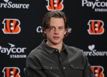 Cincinnati Bengals quarterback Joe Burrow speaking at a news conference.