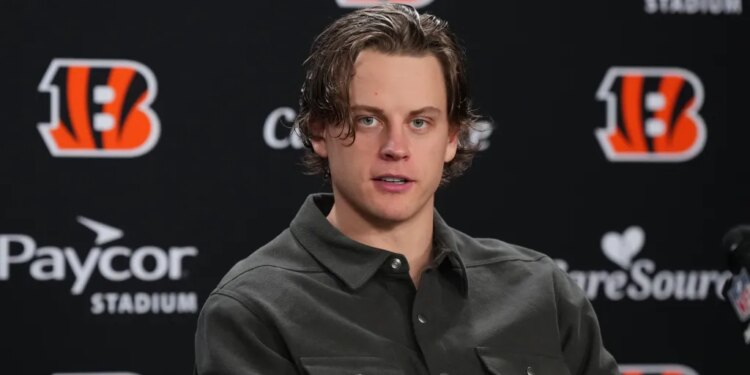Cincinnati Bengals quarterback Joe Burrow speaking at a news conference.