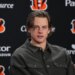 Cincinnati Bengals quarterback Joe Burrow speaking at a news conference.