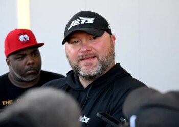 Jets general manager Joe Douglas speaks to the media in Florham Park, NJ.