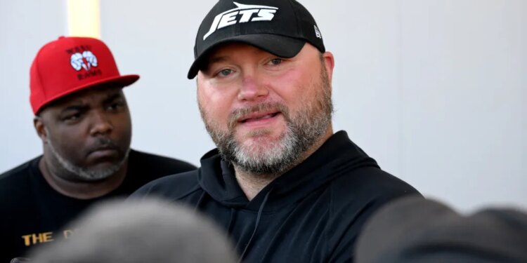 Jets general manager Joe Douglas speaks to the media in Florham Park, NJ.