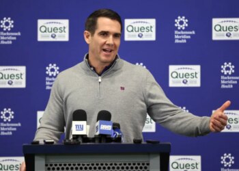 Giants GM Joe Schoen speaking to the media as the Giants players were cleaning out their lockers at the New York Giants training facility in East Rutherford, New Jersey.