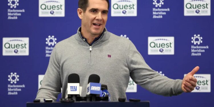 Giants GM Joe Schoen speaking to the media as the Giants players were cleaning out their lockers at the New York Giants training facility in East Rutherford, New Jersey.