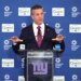 John Harbaugh speaking at a press conference as the new New York Giants head coach.