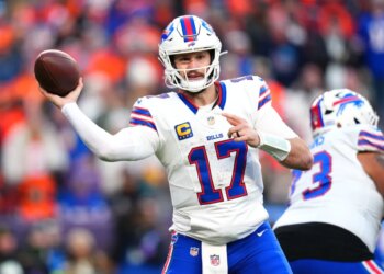 Buffalo Bills quarterback Josh Allen throws the football during a game.