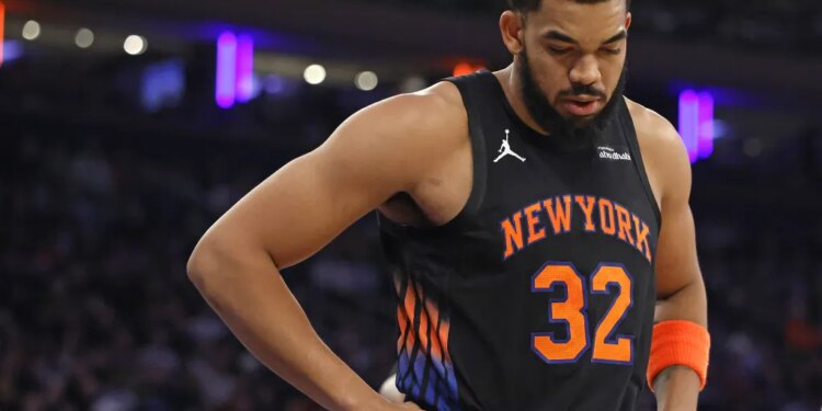 Karl-Anthony Towns, who was benched down the stretch again, looks down at the floor during the Knicks' 103-87 win over the Kings on Jan. 27, 2026 at Madison Square Garden.
