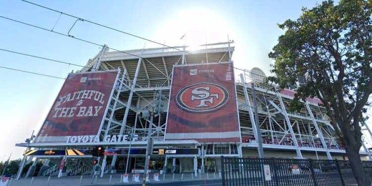 Levi's Stadium in San Francisco with a large San Francisco 49ers logo.