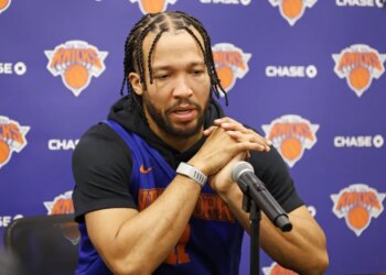 Jalen Brunson talks with the media at the Knicks' practice facility on Jan. 20, 2026.