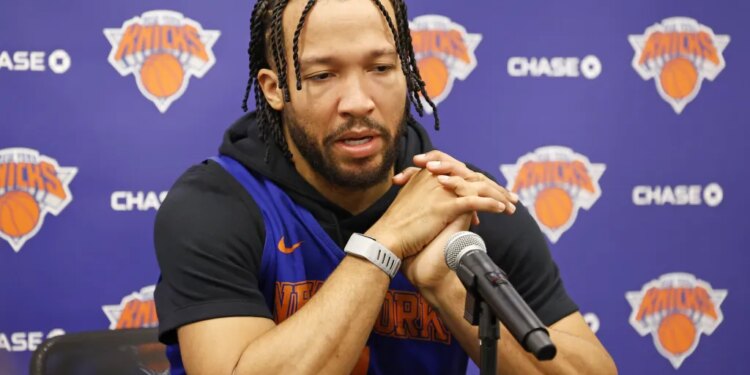 Jalen Brunson talks with the media at the Knicks' practice facility on Jan. 20, 2026.