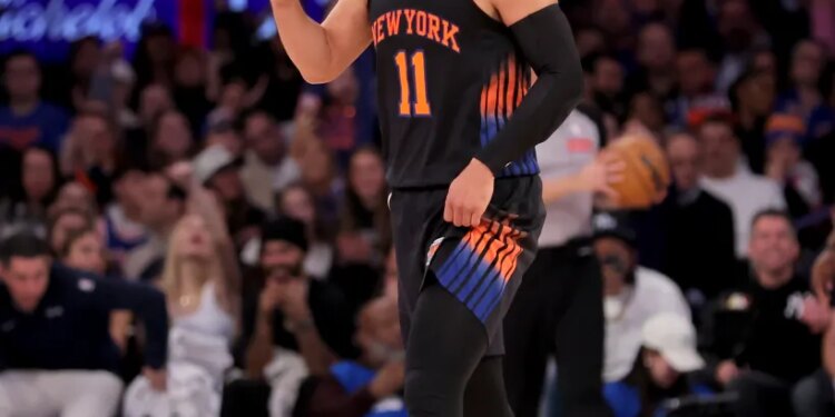 New York Knicks guard Jalen Brunson (11) reacts during the third quarter against the Portland Trail Blazers at Madison Square Garden.