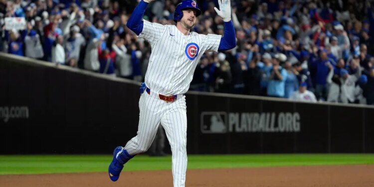 Chicago Cubs right fielder Kyle Tucker (30) reacts after hitting a home run against the Milwaukee Brewers during the seventh inning for game four of the NLDS round for the 2025 MLB playoffs at Wrigley Field.