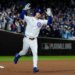Chicago Cubs right fielder Kyle Tucker (30) reacts after hitting a home run against the Milwaukee Brewers during the seventh inning for game four of the NLDS round for the 2025 MLB playoffs at Wrigley Field.
