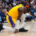 Los Angeles Lakers center Deandre Ayton reacting to being injured against the Denver Nuggets.