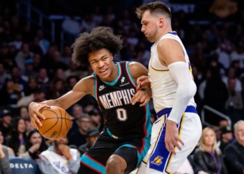 Memphis Grizzlies forward Jaylen Wells (0) is defended by Los Angeles Lakers guard Luka Doncic (77).
