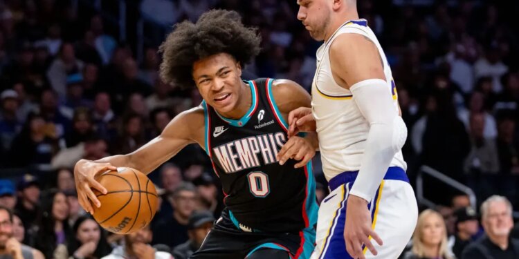 Memphis Grizzlies forward Jaylen Wells (0) is defended by Los Angeles Lakers guard Luka Doncic (77).