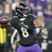 Baltimore Ravens quarterback Lamar Jackson (8) passes against the New England Patriots during the first half of an NFL football game, Sunday, Dec. 21, 2025, in Baltimore.