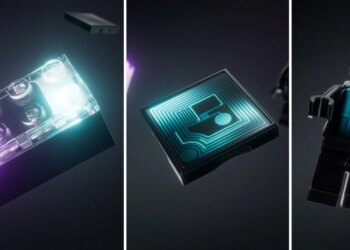 Lego’s new smart brick next to Lego smart tiles and smart Lego minifigures.