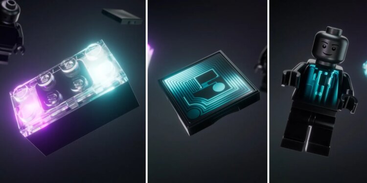 Lego’s new smart brick next to Lego smart tiles and smart Lego minifigures.