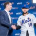 David Stearns congratulates infielder Bo Bichette at his introductory press conference at Citi Field, Wednesday, Jan. 21, 2026, in Queens, NY.