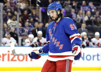 Mika Zibanejad reacts on the ice during the third period at Madison Square Garden in New York, New York, Monday, January 14, 2026.