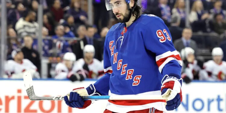 Mika Zibanejad reacts on the ice during the third period at Madison Square Garden in New York, New York, Monday, January 14, 2026.
