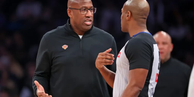 Knicks head coach Mike Brown reacts to a call during the first half.