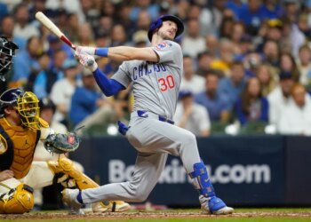 Chicago Cubs' Kyle Tucker (30) strikes out in the fifth inning.