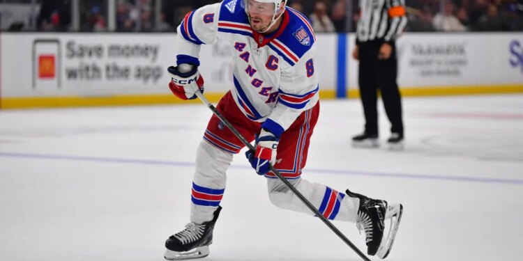 New York Rangers center J.T. Miller (8) shoots on goal against the Los Angeles Kings during the third period at Crypto.com Arena.