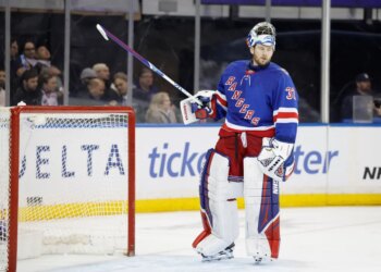 New York Rangers goaltender Jonathan Quick reacts in front of the net during the second period at Madison Square Garden in New York, New York, Monday, January 14, 2026.
