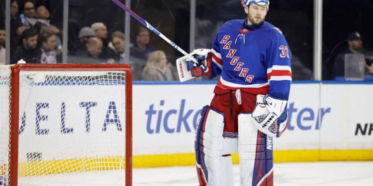 New York Rangers goaltender Jonathan Quick reacts in front of the net during the second period at Madison Square Garden in New York, New York, Monday, January 14, 2026.