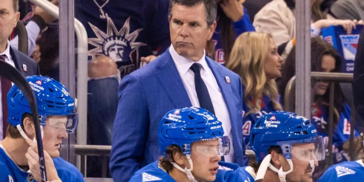 New York Rangers head coach Mike Sullivan looks on in the first period against the Pittsburgh Penguins at Madison Square Garden, Tuesday, Oct. 7, 2025, in New York, NY.