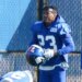New York Giants defensive back Sam Beal #23 holds his helmet during practice.