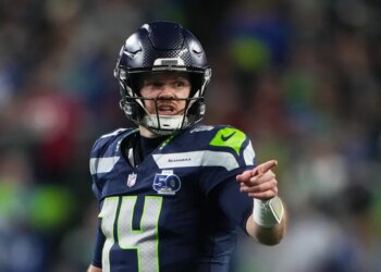 Seattle Seahawks quarterback Sam Darnold reacts during the second half of an NFL football divisional playoff game against the San Francisco 49ers, Saturday, Jan. 17, 2026, in Seattle.