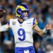 Los Angeles Rams quarterback Matthew Stafford (9) throws a pass during the second half of an NFL wild-card playoff football game against the Carolina Panthers, Saturday, Jan. 10, 2026, in Charlotte, N.C.