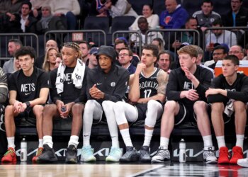 The Brooklyn Nets bench looking dejected during the fourth quarter. The New York Knicks defeat Brooklyn Nets 120-66.