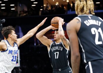 Brooklyn Nets forward Michael Porter Jr. (17) takes a shot during the first half against the Orlando Magic.