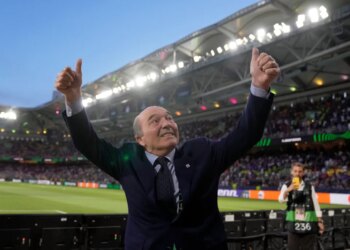 Fiorentina President Rocco Commisso gesture to club fans from the field ahead of the Conference League Final soccer match between Olympiacos FC and ACF Fiorentina at OPAP Arena in Athens, Greece, on May 29, 2024.
