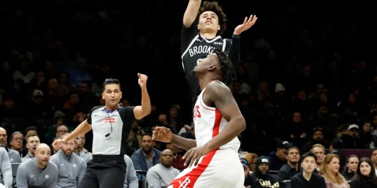 Nolan Traore of the Brooklyn Nets puts up a shot in the second half at the Barclays Center in Brooklyn, New York, Thursday, January 01, 2026.